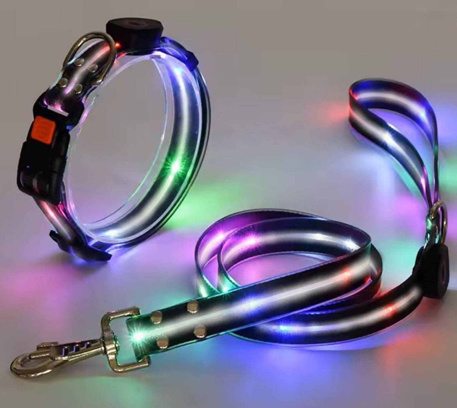 LED Dog Collar and Leash Set (Black) - Bright Multi-Color – Fully Weatherproof – Adjustable, one Size fits Most (14" to 22 ½") - Both Collar and Leash are USB Rechargeable
