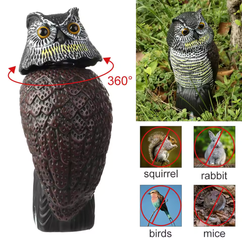 Realistic Fake Owl Decoy With Rotating Head For Garden Yard Outdoor Bird Deterrent Owl Sculpture Birds Repellent Pest Control